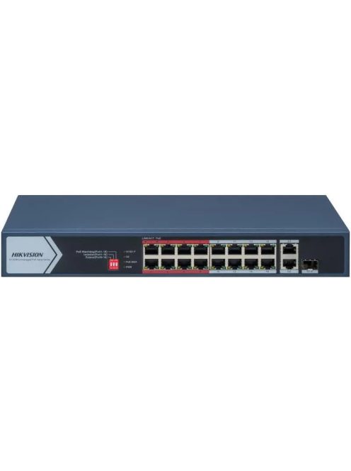 18 portos PoE switch (130 W); 16 PoE + 1 RJ45 uplink port + 1 kombinált uplink; nem menedzselhető