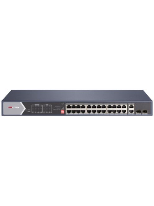 28 portos Gbit PoE switch (370 W); 20 PoE+ / 4 HiPoE / 2 RJ45 + 2 SFP uplink port