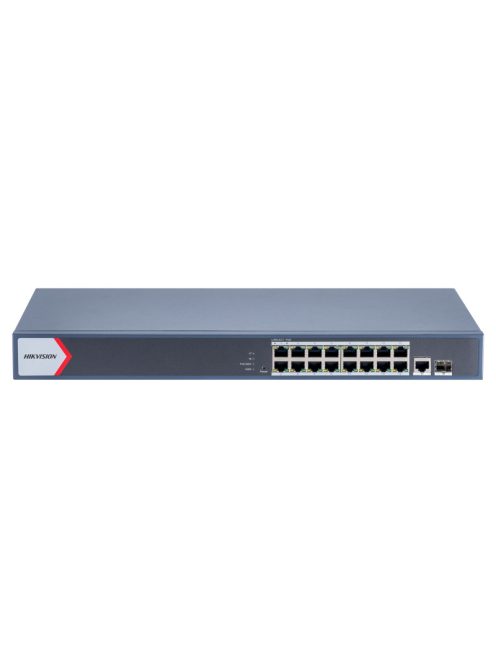 18 portos PoE switch (230 W); 16 PoE + 1 kombinált uplink port + 1 SFP uplink port; menedzselhető