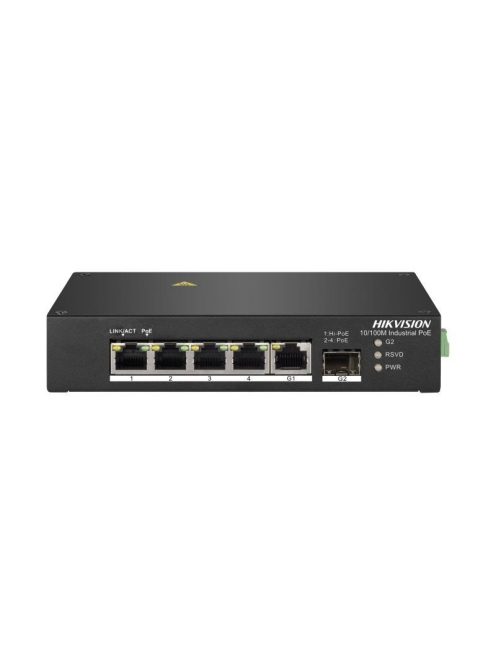 6 portos ipari PoE switch (30 W); 4 PoE / 1 HiPoe / 1 RJ45 + 1 SFP uplink port; nem menedzselhető