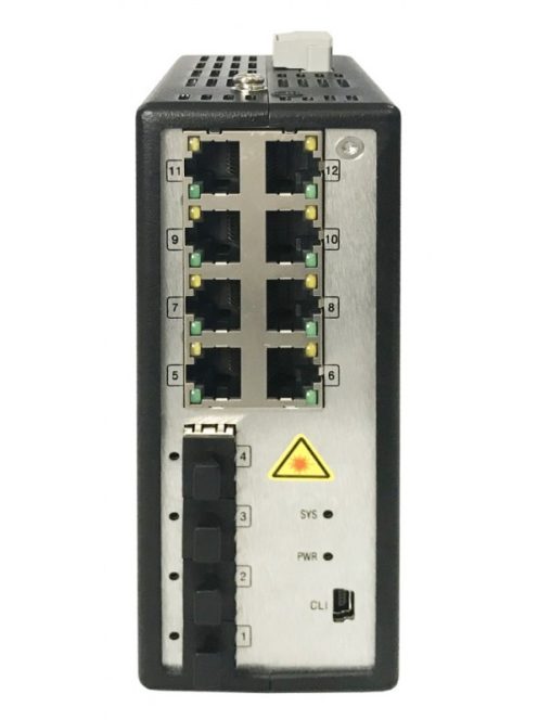 12 portos ipari Gbit PoE switch (240 W); 8 PoE+/ 4 SFP uplink; menedzselhető(hálózat/soros port)