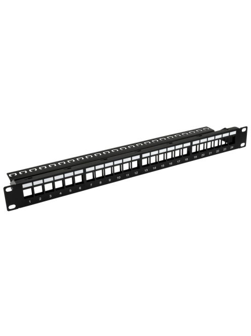 19" keystone patch panel; 24 port; árnyékolatlan; tehermentesítővel