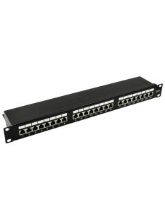   19" patch panel; 24 port; Cat6; árnyékolt; tehermentesítővel; dual IDC (Krone/110)