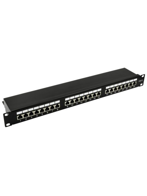 19" patch panel; 24 port; Cat6; árnyékolt; tehermentesítővel; dual IDC (Krone/110)