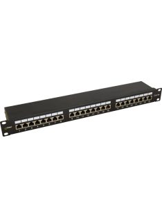   19" patch panel; 24 port; Cat5e; árnyékolt; tehermentesítővel; 90 fokos modulok