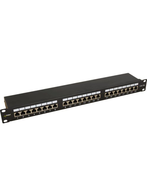 19" patch panel; 24 port; Cat5e; árnyékolt; tehermentesítővel; 90 fokos modulok