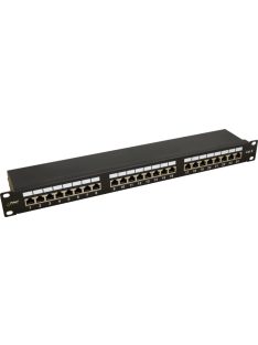   19" patch panel; 24 port; Cat6; árnyékolt; tehermentesítővel; 90 fokos modulok