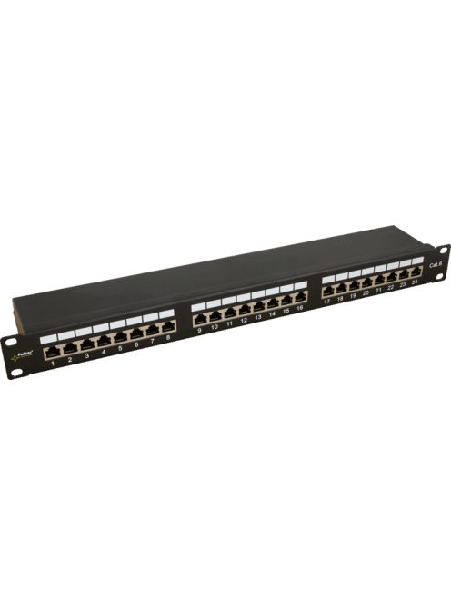 19" patch panel; 24 port; Cat6; árnyékolt; tehermentesítővel; 90 fokos modulok