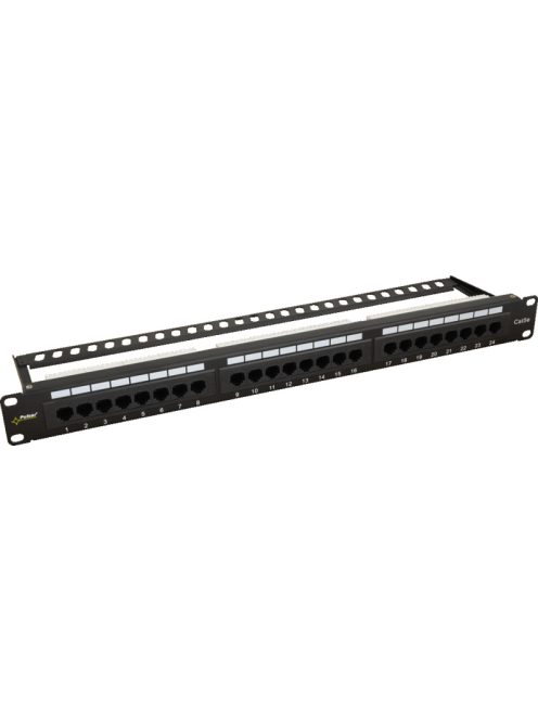 19" patch panel; 24 port; Cat5e; árnyékolatlan; tehermentesítővel; 180 fokos modulok