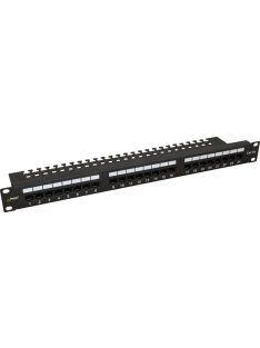   19" patch panel; 24 port; Cat5e; árnyékolatlan; tehermentesítővel; 90 fokos modulok