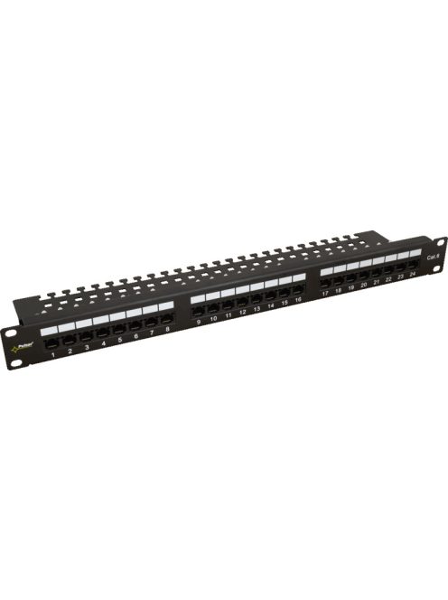 19" patch panel; 24 port; Cat6; árnyékolatlan; tehermentesítővel; 90 fokos modulok