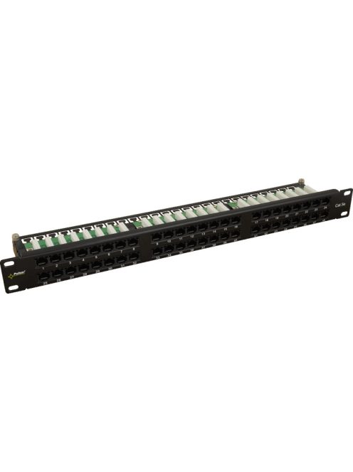 19" patch panel; 48 port; UTP; Cat5e; tehermentesítővel